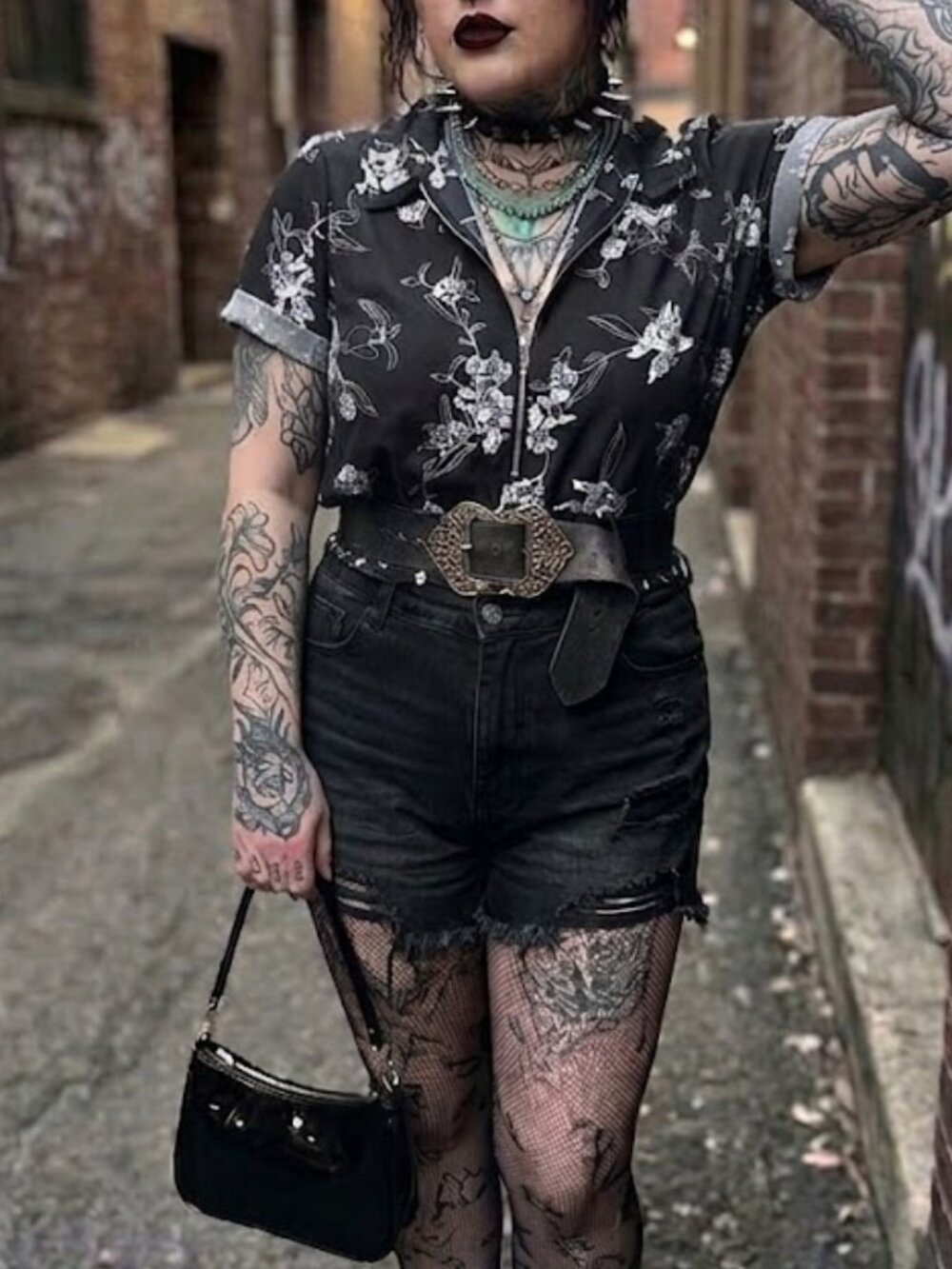 Apt. 9 Black Floral Half-Zip Top Size M Botanical Goth Grunge Blouse